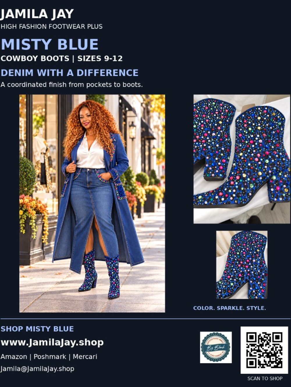 JAMILA JAY MISTY BLUE RHINESTONE COWBOY BOOTS, High Fashion Footwear Plus Sizes